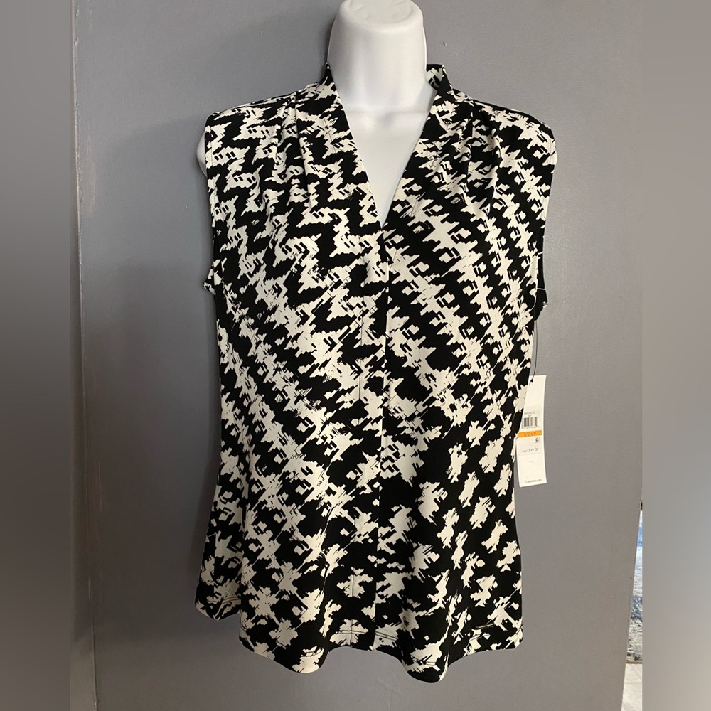 Calvin Klein Black & White Monochrome Pattern Sleeveless Blouse Career Wear SM